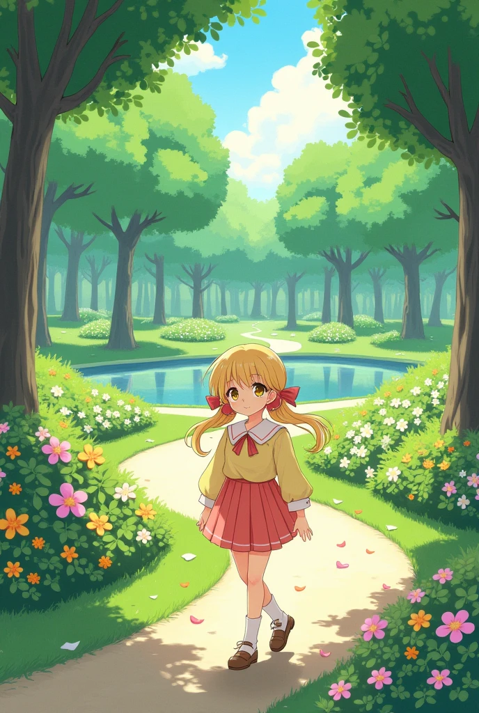 Create an image of a blonde anime girl walking in a park