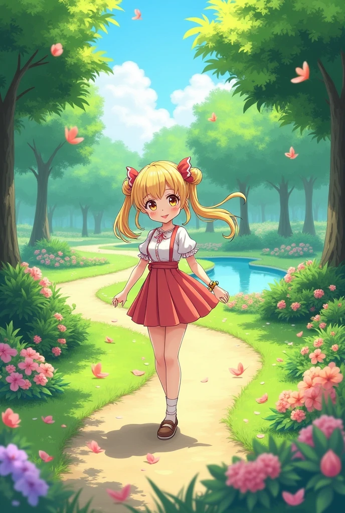Create an image of a blonde anime girl walking in a park
