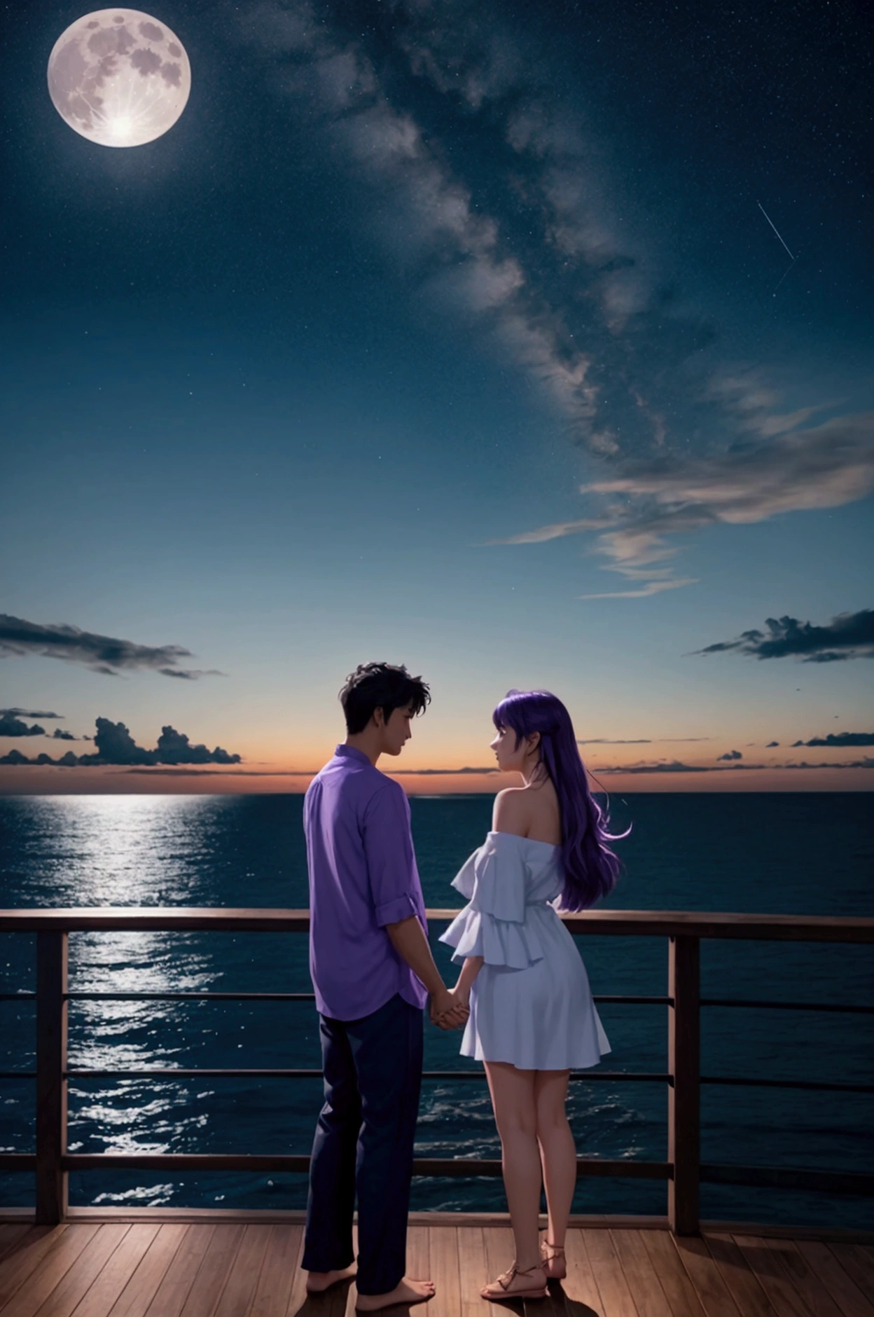 An anime-style scene of a couple standing on a wooden deck at night, overlooking the ocean. The woman is wearing a purple off-shoulder dress, and the man is in a light blue shirt and dark pants. They are holding hands, gazing at a large, glowing full moon reflecting on the water. The night sky is filled with stars and a few scattered clouds, creating a romantic and serene atmosphere. Palm leaves are visible on the right side of the image, and distant lights from a coastline can be seen in the background."