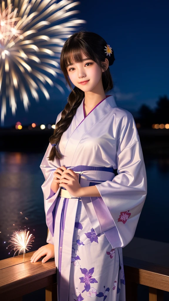 A high school student wearing a yukata、Scene looking up at summer fireworks。She seems to be a high school student、Although it has a slightly mature atmosphere、The expression still retains a cute look.。The hairstyle is a little more subdued.、The colors and patterns of the yukata are simple and elegant, befitting a high school student.。The background depicts vibrant fireworks in the night sky.、The light from the fireworks reflecting off her face is impressive.。
