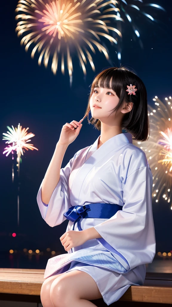 A high school student wearing a yukata、Scene looking up at summer fireworks。She seems to be a high school student、Although it has a slightly mature atmosphere、The expression still retains a cute look.。The hairstyle is a little more subdued.、The colors and patterns of the yukata are simple and elegant, befitting a high school student.。The background depicts vibrant fireworks in the night sky.、The light from the fireworks reflecting off her face is impressive.。