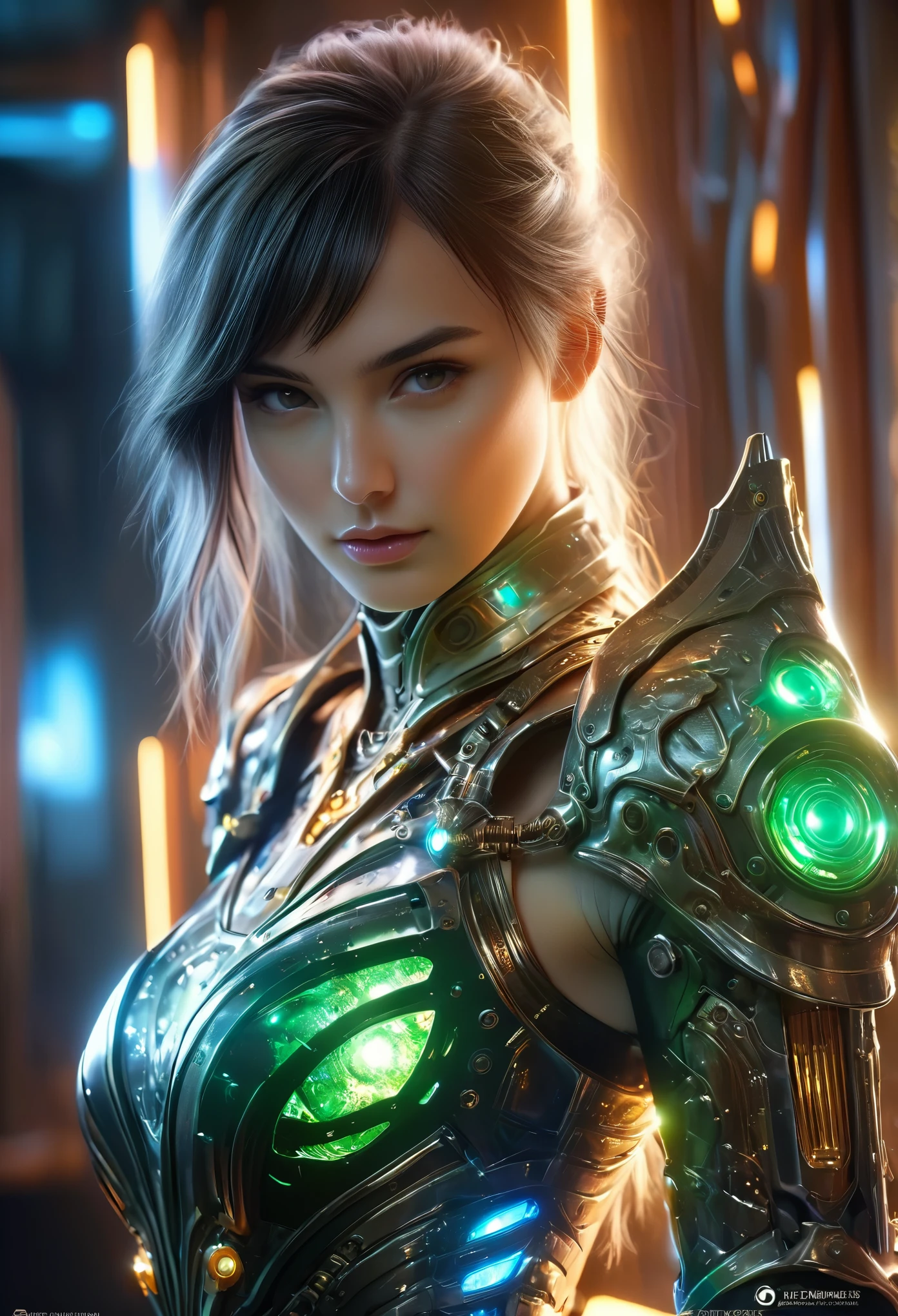 (Best Quality, 4K, 8K, High Resolution, Masterpiece: 1.2), (Super Detailed, Realistic, Photorealistic:1.37), A woman in futuristic clothing, (erotic and sexy:1.4), Trending on cgstation, Trending on cgstation, (Portrait of a girl in the Knights of the Zodiac:1.4), (blunt bangs:1.7), Cute Cyborg Girl, Perfect android girl, Portrait Astronaut Girl, Beautiful girl cyborg, Girl wearing iridescent and emerald mechanical cyber armor, Game CG, cgsociety and fenghua zhong, Beautiful Cyborg Shrine Maiden, Bioluminescence, (Gal Gadot:0.6), Anatomically correct grip, Anatomically correct four fingers and one thumb, (long claws:1.4), erotic and sexy, 