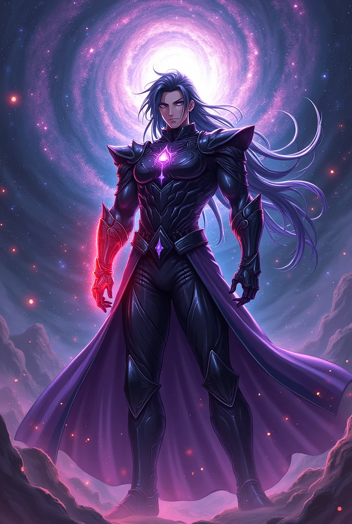 A male anime character with dark powers, long hair, red flames, black armor with purple details, with a gauntlet glove on his left hand
positioned in the center of a swirling cosmic vortex. This being exudes an aura of invincibility, with a majestic and imposing presence that extends across multiple dimensions. Ialdabaoth is adorned in intricate, shimmering armor that reflects the stars, with ethereal, energy-like tentacles extending from its back. His eyes shine with a bright, otherworldly light, and the environment around him warps under his immense power. The background is a mesmerizing mix of deep space and ever-shifting dimensional rifts., showing its multidimensional nature. (all mighty)