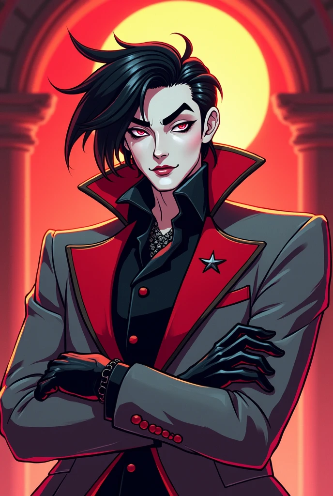 (Hazbin hotel toon style) In Hazbin Hotel, Amadeus has a striking appearance with a crimson and grey outfit, reminiscent of a rockstar from the '80s, complete with leather gloves and a stylish fox-themed jacket. His hair is slicked back and dark, Amadeus' skin is pale white.