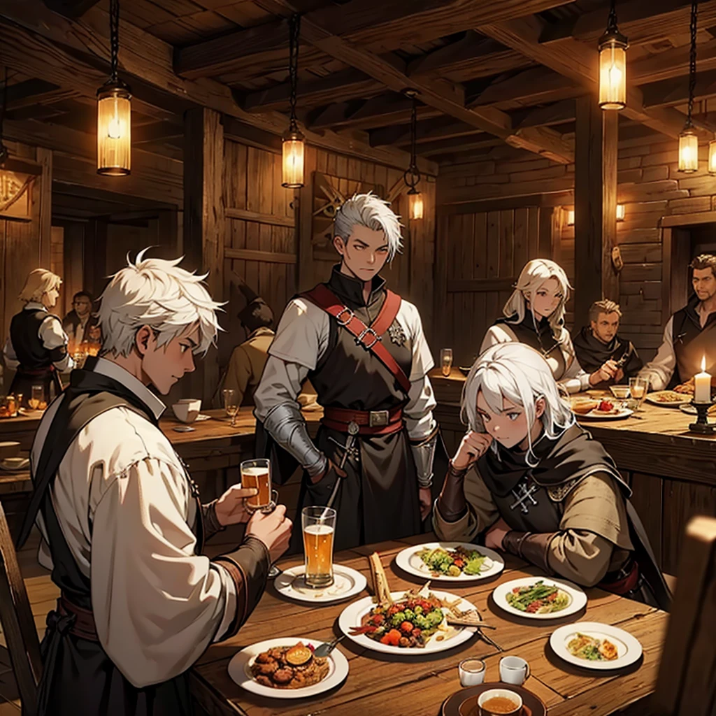 Inside a medieval tavern, illuminated by the dim light of torches and a crackling fire in the fireplace, Several Templars are gathered around a sturdy wooden table. The Templars wear their distinctive white cloaks with large red crosses on their chests., that clearly identify them. They wear long, tight-fitting white tunics., with leather belts securing sheathed swords at their sides. Some have their silver helmets resting on the table, showing their faces with serious and concentrated expression. They all wear metal crosses hanging from their necks., symbol of their order. The atmosphere is warm, with mugs of beer and plates of rustic food scattered around the table. In the background, Other travelers and peasants mingle in the darkness, creating an atmosphere of camaraderie and mystery in the heart of the tavern.