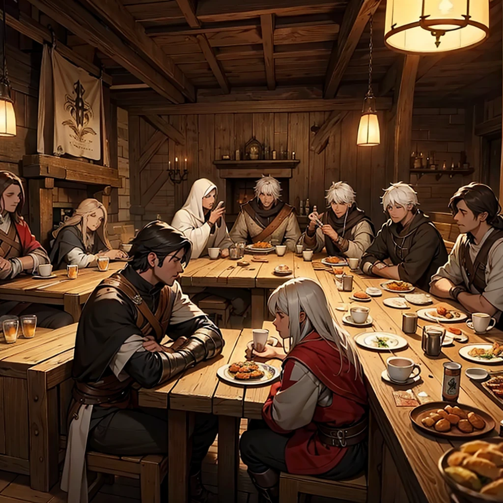 A portrayal of a Viking feast, with a long table filled with food and mead, showcasing the celebration of unity and camaraderie among the Viking crew.