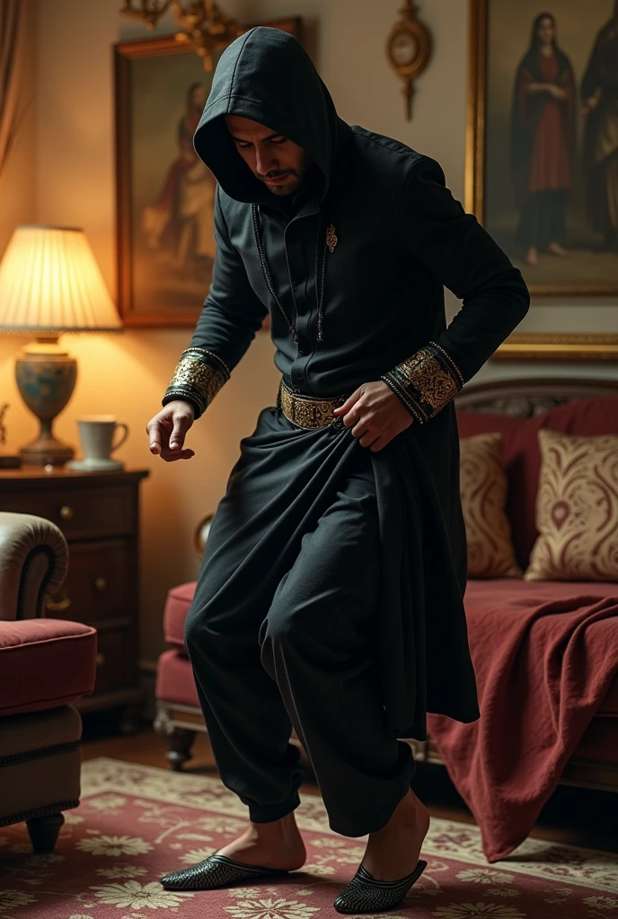 (photorealism:1.2), black thief,wearing indian dress,and thifting all things from house, running thief