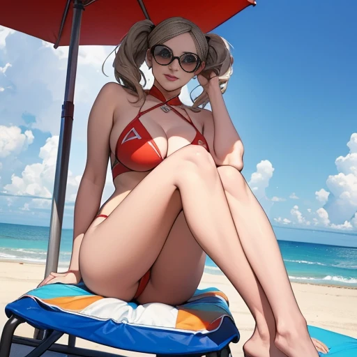  ((Master quality, 8K, masterpiece:1.3, ultra-detailed, high resolution, RAW Photos, detailed Realistic background, cinematic lighting)), Actual, Realistic, photo, HDR, BREAK, detailed eyes, perfect anatomy, perfect hands, BREAK, , One person alone, dsann(persona 5), beautiful , (Sitting on a Sun_lounger and posing sexy, spread legs), blonde twin pigtails hair, ( Round and Stacked Breasts ), , Cleavage, Slim waist, , smile:1.5, Sweat-soaked skin, BREAK, wearing( Slingshot Swimsuit,  Red-rimmed Sunglasses, atop her head), , Graffiti art, BREAK, ( Random Angle, full-body, ), dynamic angle, Beach_parasol, Beach cocktails on a round table, outdoor, beach