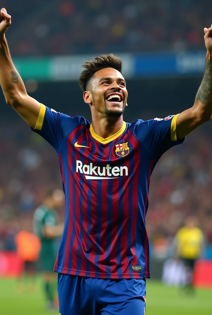 In the 2015 UEFA Champions League final, Neymar Jr. was captured in a memorable photo celebrating after scoring a goal for Barcelona. The photo shows him in Barcelona's iconic blaugrana jersey, which features red and blue stripes. Neymar, with his distinctive short hair and a wide smile, is in the midst of a jubilant celebration. His arms are raised in the air, and his face reflects sheer joy and satisfaction. Behind him, the backdrop is filled with cheering teammates and fans. The photo captures not just his athletic prowess but his emotional connection to the game and the moment. Creat his graphic photo