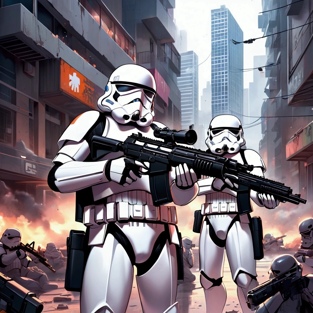 Storm troopers,blaster rifles, city, warzone, High Resolution, Anatomically Correct, Best Quality, 
