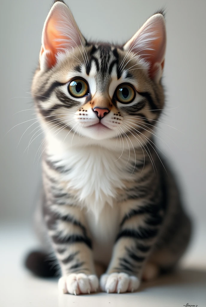 Create an image of a completely gray cat with stripes, white paw pads, brown eyes with a hint of green in the center, super cute, precious, and adorable with very pointy ears and white tips on the ears, and sexy.