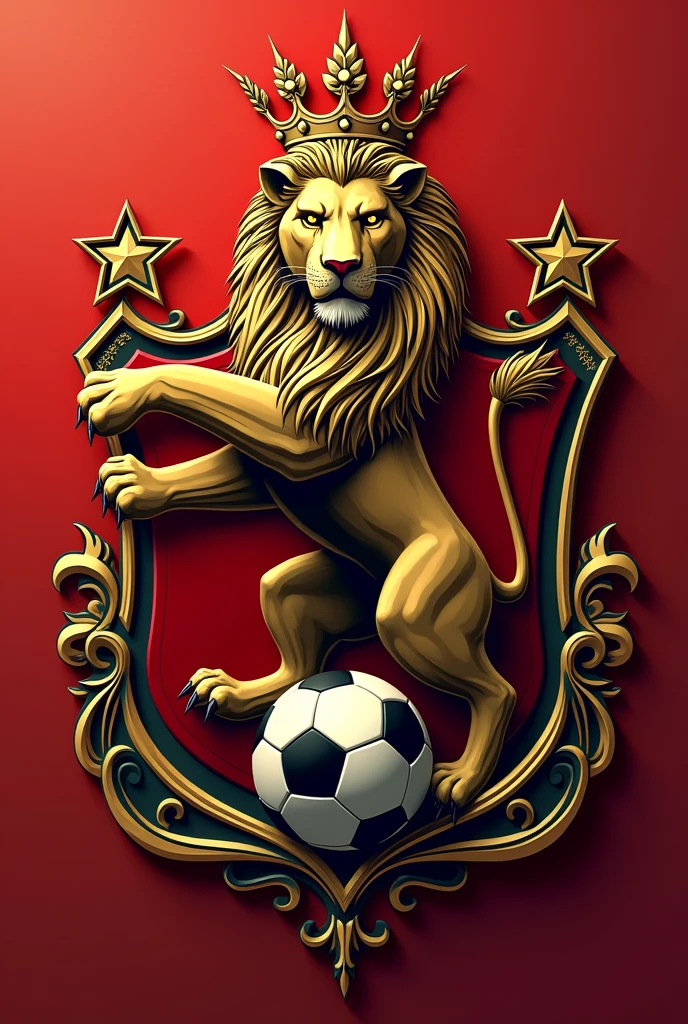Create a shield for a football team with the Lion of Judah, add a soccer ball, add red color with stars from the city of Londrina, Paraná. 


