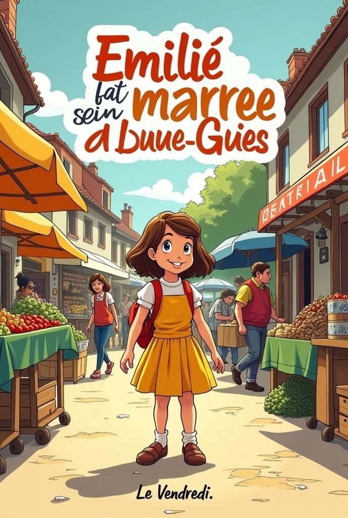 créer une couverture de bande dessinée , type bande dessiné des Martine de casterman en 1970 de gabriel Delahaye. on voit une de 8 ans faire le marché.
ECRIRE le titre de la couverture " Emilie fait son marché à Entre-Deux-Guiers " + " Le Vendredi"