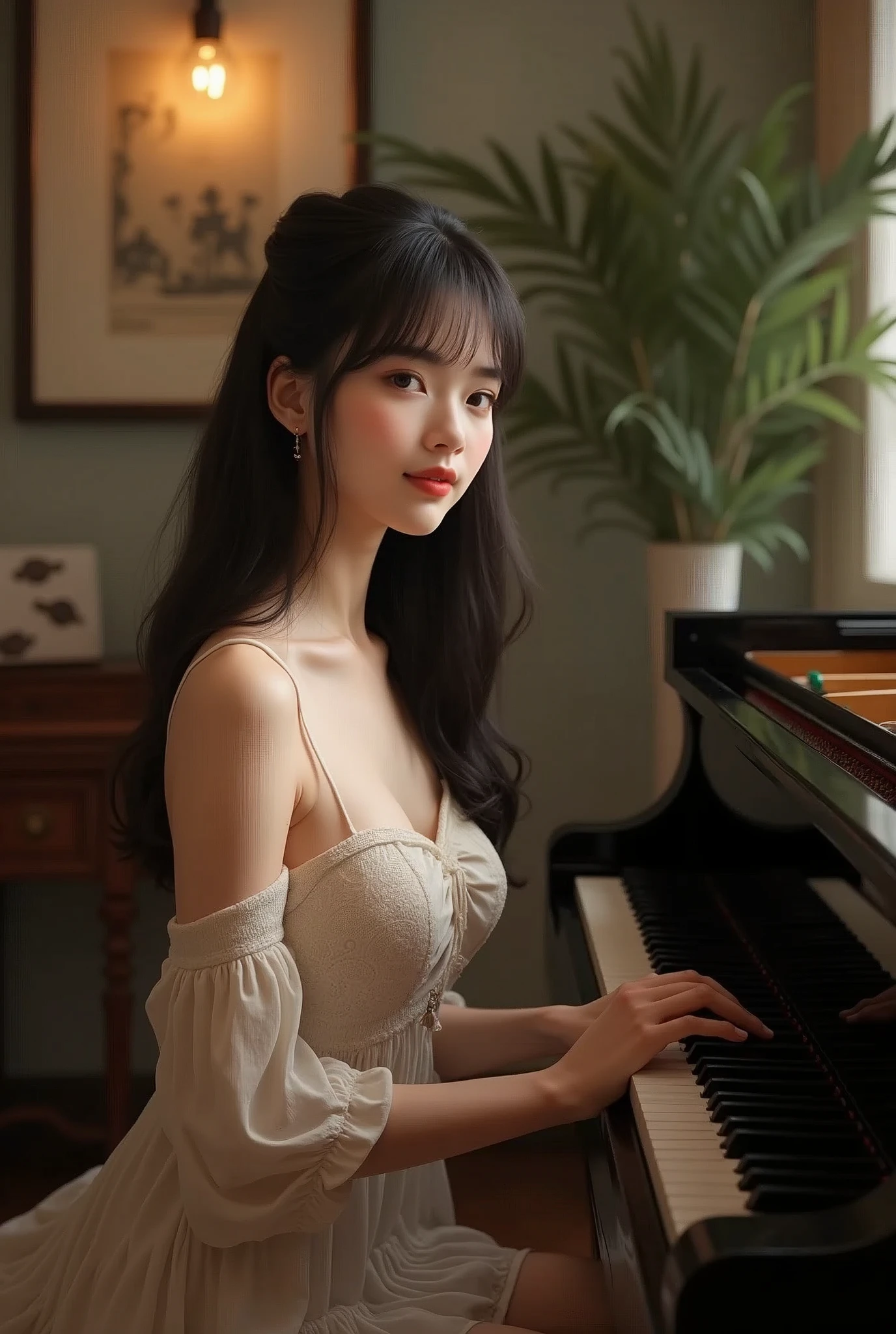 ((A beautiful girl playing the piano completely naked:1.2, Practicing the piano)), super detailed piano, Mysterious, clear々A nice morning, Living room of the mansion, Foliage plant, Window, (15 years old, Baby Face:1.5), Small beautiful breasts, Small beautiful butt, ((Detailed eyes and face, Professional photography techniques, Cinema Lighting)), ((Detailed hands, The pianist's beautiful hands)), (Highest quality, 8K, masterpiece:1.2, RAW Photos), Short Hair, (Perfect Anatomy:1.3)