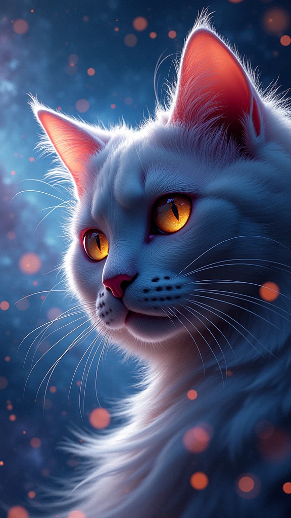 Cat face close up, Space in the background (Beautiful shining stars and galaxies), Space Cat, 大きい on the screen is written in 大きい letters on the screen,