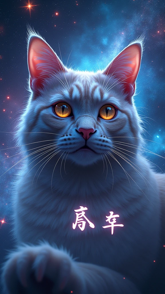 Cat face close up, Space in the background (Beautiful shining stars and galaxies), Space Cat, 大きい on the screen is written in 大きい letters on the screen,