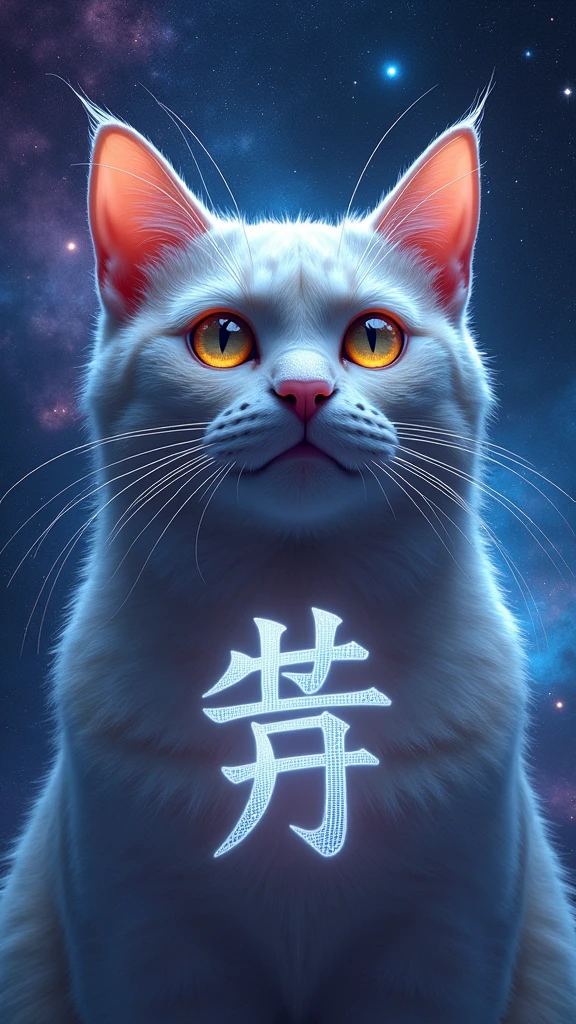 Cat face close up, Space in the background (Beautiful shining stars and galaxies), Space Cat, 大きい on the screen is written in 大きい letters on the screen,