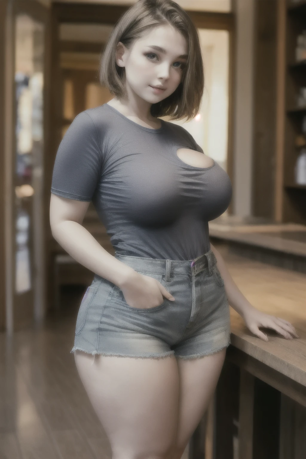 ((best quality)), ((masterpiece)), (detailed), Beautiful curvy russian woman, 30 year old, big breast and big ass, blue eyes, shop background, shorts clothes, curvy body, short hair, coffee in hand, front in face,
