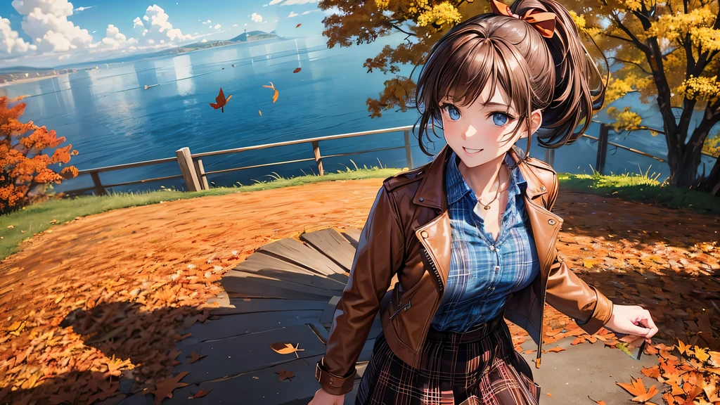 1girl, solo, trees, sun, clouds, autumn, colorful trees, falling leaves, ((brown hair)), ponytail, large breasts, ((brown leather jacket)), button down shirt, ((blue checked shirt)), ((unbuttoned shirt)), unbuttoning buttons, cleavage 1:3, blue eyes, long skirt, brown boots, smile, happy, looking at the viewer, walking, upper view, hair ribbon, golden necklate