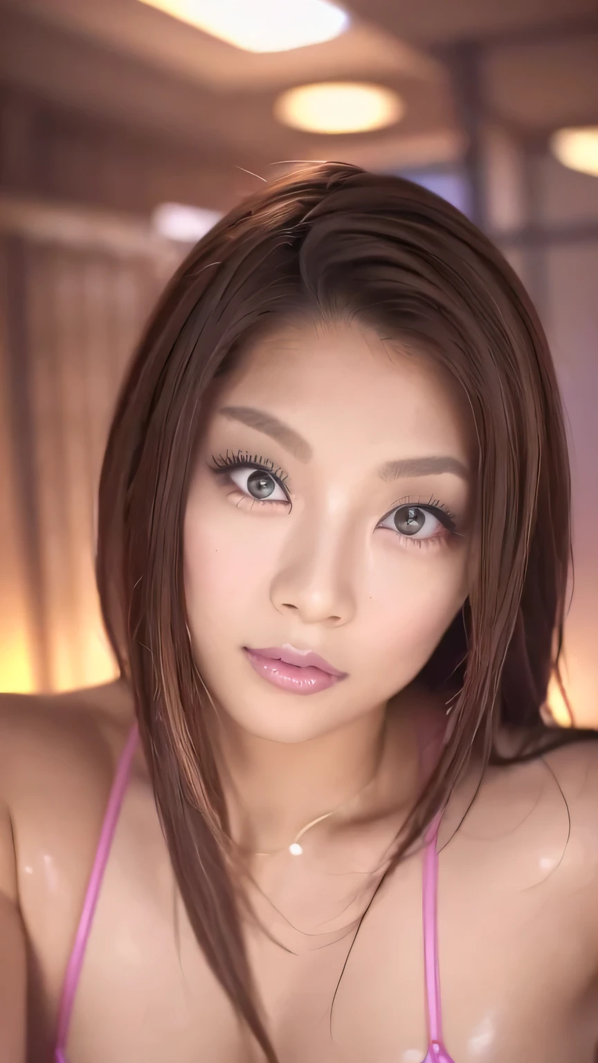 (Highest quality、8k、Award-winning works、Ultra-high resolution)、One beautiful woman、(Wearing a shiny tight swimsuit)、(bionde:1.1)、Bright color contacts、Perfect Makeup、Bright and shiny lipstick、(Very heavy makeup:1.2)、(Deep pink around the eyes:1.1)、Beautiful bright eyeshadow、Heavy makeup around the eyes、(Huge breasts:1.2)、Great shorthair、(Romantic affection:1.1)、The best smile he had when he saw me、(Many of them emphasize the body line...:1.1)、(Strongly blurred vibrant Harajuku city background:1.1)、(Strongly blurred background:1.1)、Accurate anatomy、(Ultra-high resolution for perfect, beautiful teeth:1.1)、Ultra-high definition beauty face、Ultra HD Hair、Ultra HD Shining Eyes、Shining, Ultra-high resolution beautiful skin、Ultra-high resolutionの艶やかな唇, Very detailed, Nose and mouth,Face Focus, Extreme close up of face,Shiny lips with noticeable lip wrinkles,Perfect Lips
