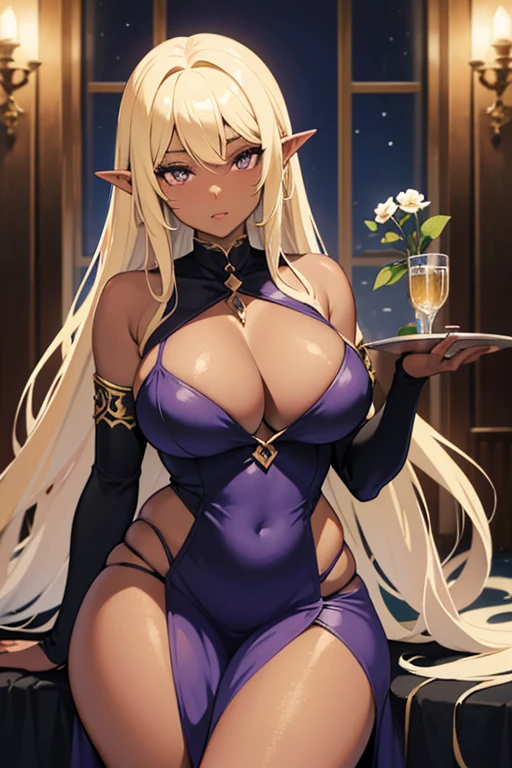 I would like an image of a black elf woman, Madura, voluptuous and curvy, with blonde hair and brown eyes. Wearing a nearly transparent purple dress in anime style.