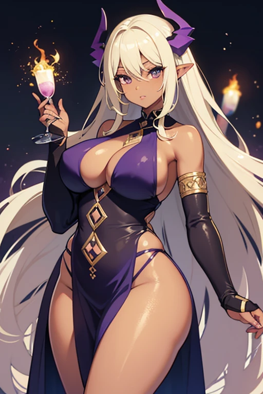 I would like an image of a black elf woman, Madura, voluptuous and curvy, with blonde hair and brown eyes. Wearing a nearly transparent purple dress in anime style.