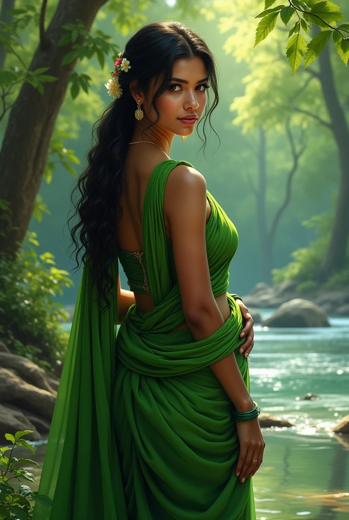 Beatiful young indian girl in green saree on a beautiful bank of river under a beautiful tree in a green forest
