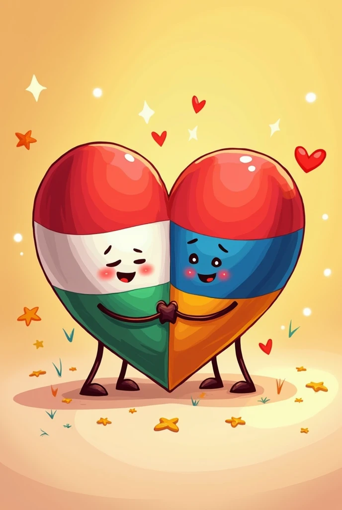 Hungarian and Armenian flags in hearth shape together in cartoon style