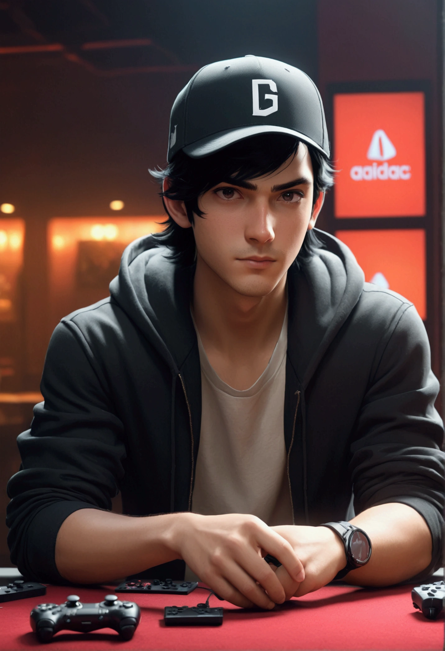 Guy with a cap, black hair and a gaming vibe