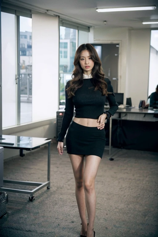 (Inspired by the James Bond films),movie stills style,best quality, masterpiece, 1 girl, Pretty Face, (Realistic photos:1.3), Edge lighting, (High Detail Skin:1.2), 8k, Digital SLR Camera, high quality, high resolution, Optimal ratio:Four fingers and one thumb, (real:1.3), Full body portrait,Sweater coat,Tight T-shirt, Very large breasts,Short skirt,Long legs,Standing in the office