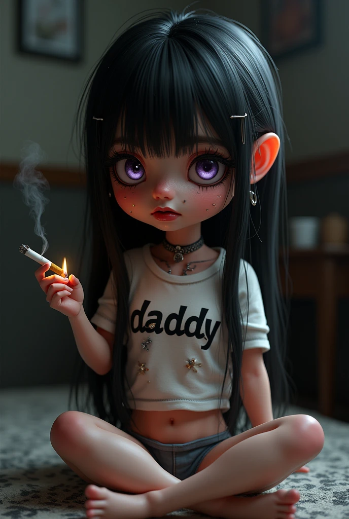 1 female child, no breasts, tiny waist, medium butt, wearing tight t-shirt saying daddy, midriff showing , wearing just cute panties , black hair, long hair, straight hair, exposed forehead, light purple eyes, wearing no shoes , multiple ear piercings, nipple piercing, earrings, tongue piercing, belly button piercing, heavy eyeliner smudged from crying, black lipstick, luscious eyelashes, long eyelashes, holding cigarette