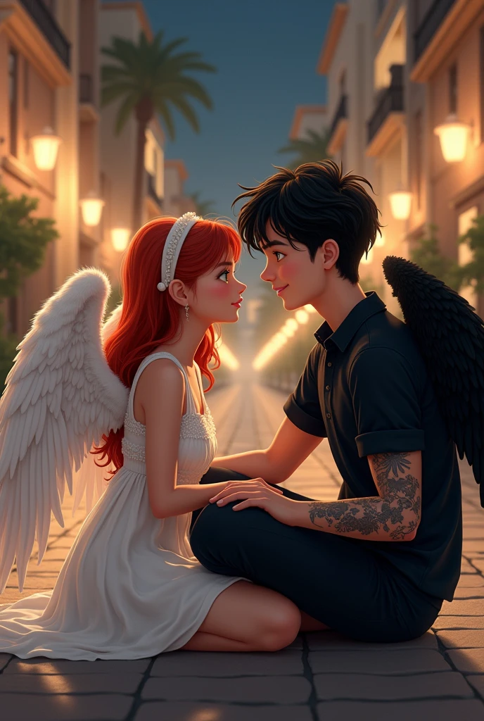 Background of an elegant city at night with neutral colors and warm lights, eighteen-year-old boys,girl with a white dress and white angel wings on her back, how does she dress, a headband, redhead with her hair semi-loose,green eyes, parts, she is blushing, She is sitting on the ground of a street, together with a black-haired boy, well-built, grey eyes, tattoos on arms, with a black button-down shirt and black pants and black angel wings, he is sitting next to her,He is laughing amusedly and she looks at him with a slight pout.,semi-realist, literary character