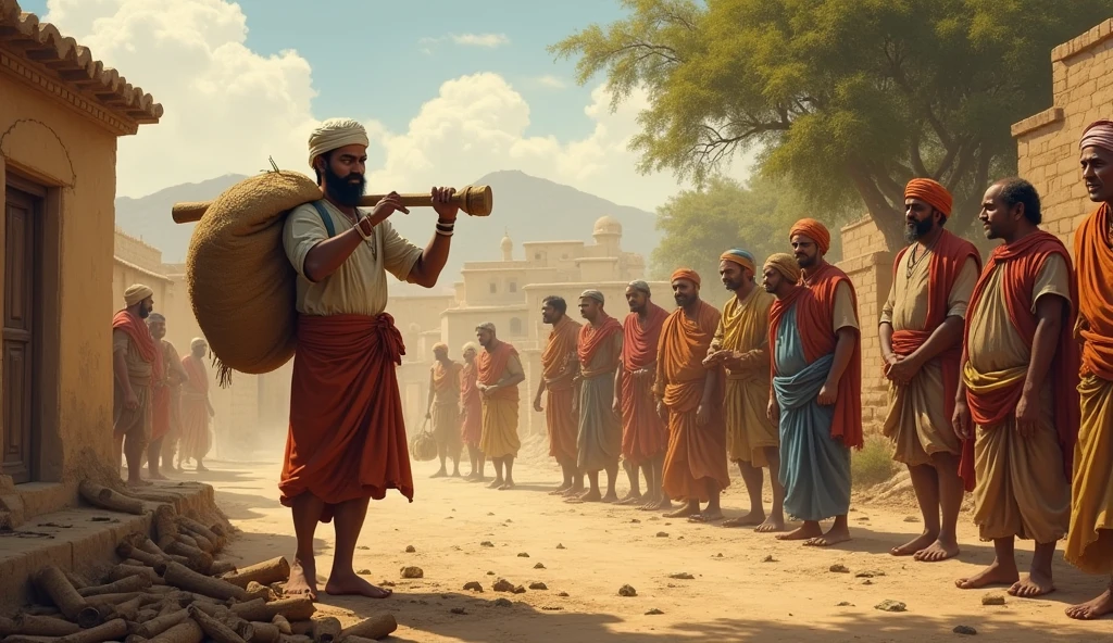 Villagers Respecting Kishan( a young man ) from Afar: A scene showing villagers at work, with Kishan in the background. The villagers, particularly the men, nod their heads slightly in acknowledgment and respect as they notice Kishan, but they keep their distance. Kishan is depicted performing a task like chopping wood or carrying heavy sacks, displaying his hardworking nature. The environment reflects the rustic, rural life of Rajasthan, with people subtly expressing their admiration mixed with fear.