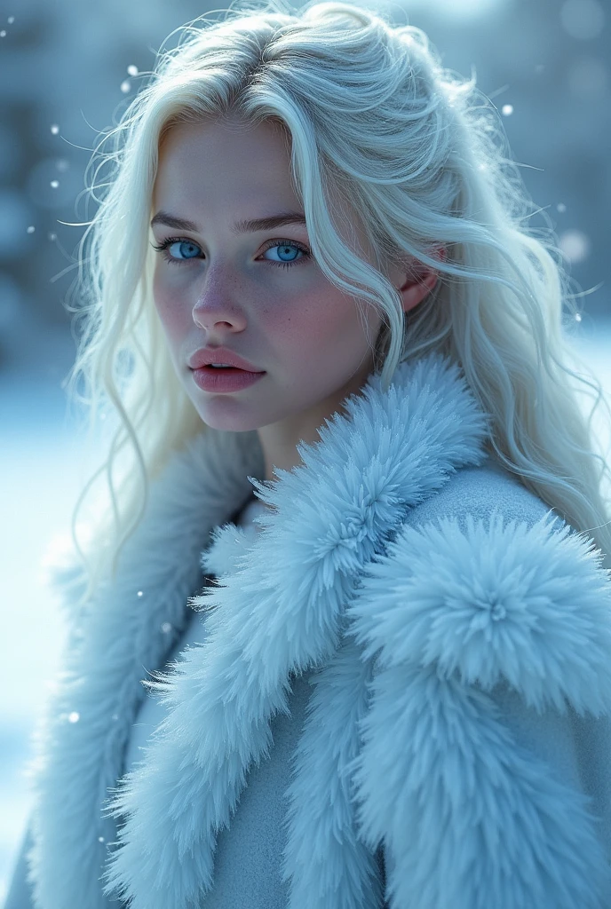 blond man with blue eyes in the snow with her hand on her face, icy eyes, frozen cold stare, ice-blue-eyes, frozen tear, with ice powers, frost clings to her skin, ice blue eyes, scary sharp icy, this character has cryokinesis, amazingly epic visuals, beautiful photorealistic imagery, emma watson as the queen of ice