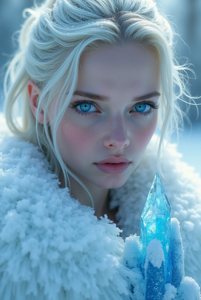 blond man with blue eyes in the snow with her hand on her face, icy eyes, frozen cold stare, ice-blue-eyes, frozen tear, with ice powers, frost clings to her skin, ice blue eyes, scary sharp icy, this character has cryokinesis, amazingly epic visuals, beautiful photorealistic imagery, emma watson as the queen of ice