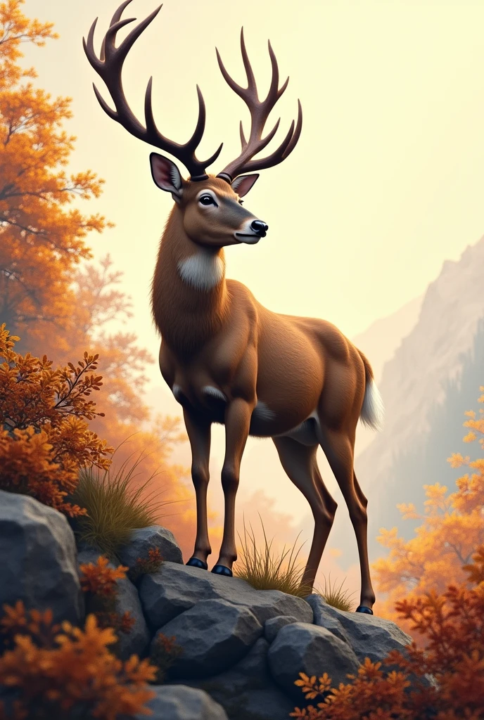 The image shows a deer standing on a rocky surface, surrounded by autumn vegetation, with warm-colored leaves like orange, brown and yellow. The deer has a light brown coat with a lighter belly, and its large antlers stand out. The background is soft, with light colors that evoke a peaceful and natural atmosphere, possibly a mountainous or wooded landscape in autumn, that he is looking to the left