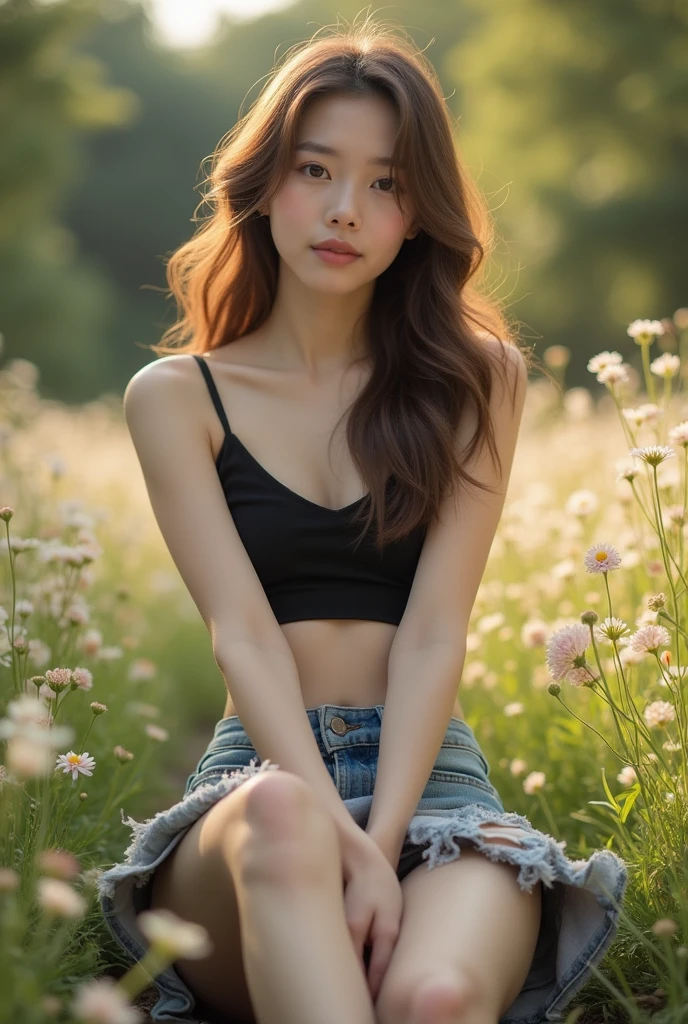 8K, masterpiece, ultra HD, intricate detailed, RAW photo, highly detailed, RAW photo, best quality, A beautiful Taiwanese girl, 22 years old, pale skin, real skin, slightly smile, black spaghetti strap crop top tanktop, arms up, small breast, ((ripped denim miniskirt:1.3)), black round glasses, ((jumping high front view:1.5)), ((spreading legs:1.4)), (sitting on a grass of flowery garden:1.5), front view:1.5, modeling pose, Blured background, depth of field, (lift skirt by myself, show my white panties:1.1), half body shots, closer photo taken, barefeet, Slim body, slender legs, slim muscular body, small breast, wavy hair, ash-brown hair color, ((front view, from below:1.5)),white panties,soft front lighting,1 girl ,solo,beauty,1girl, nipples projection, backlight golden hour, cinematic lighting, (((from below))), lifting your own skirt