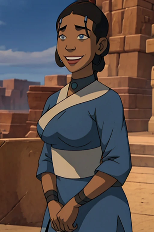 Katara from avatar the last Airbender hypnotized and dressed up as Joo Dee with large breasts and smiling