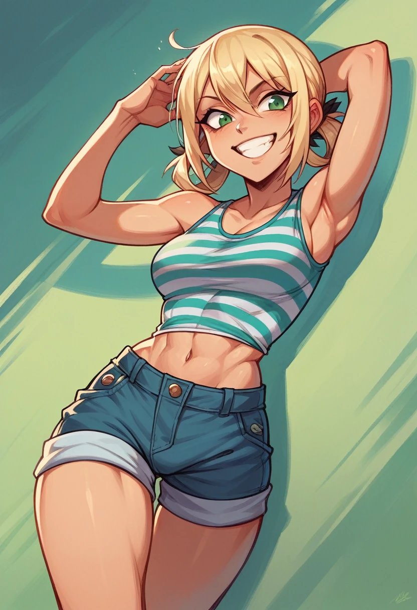 Gyaru girl, tan skin, short hair, messy hair, glossy lips, smile, sharp teeth, large lips, light blue eyes, winking, crop top, abs, jeans, wide hips, furrowed brows, licking her lips, one piece swimsuit tan line, drooling