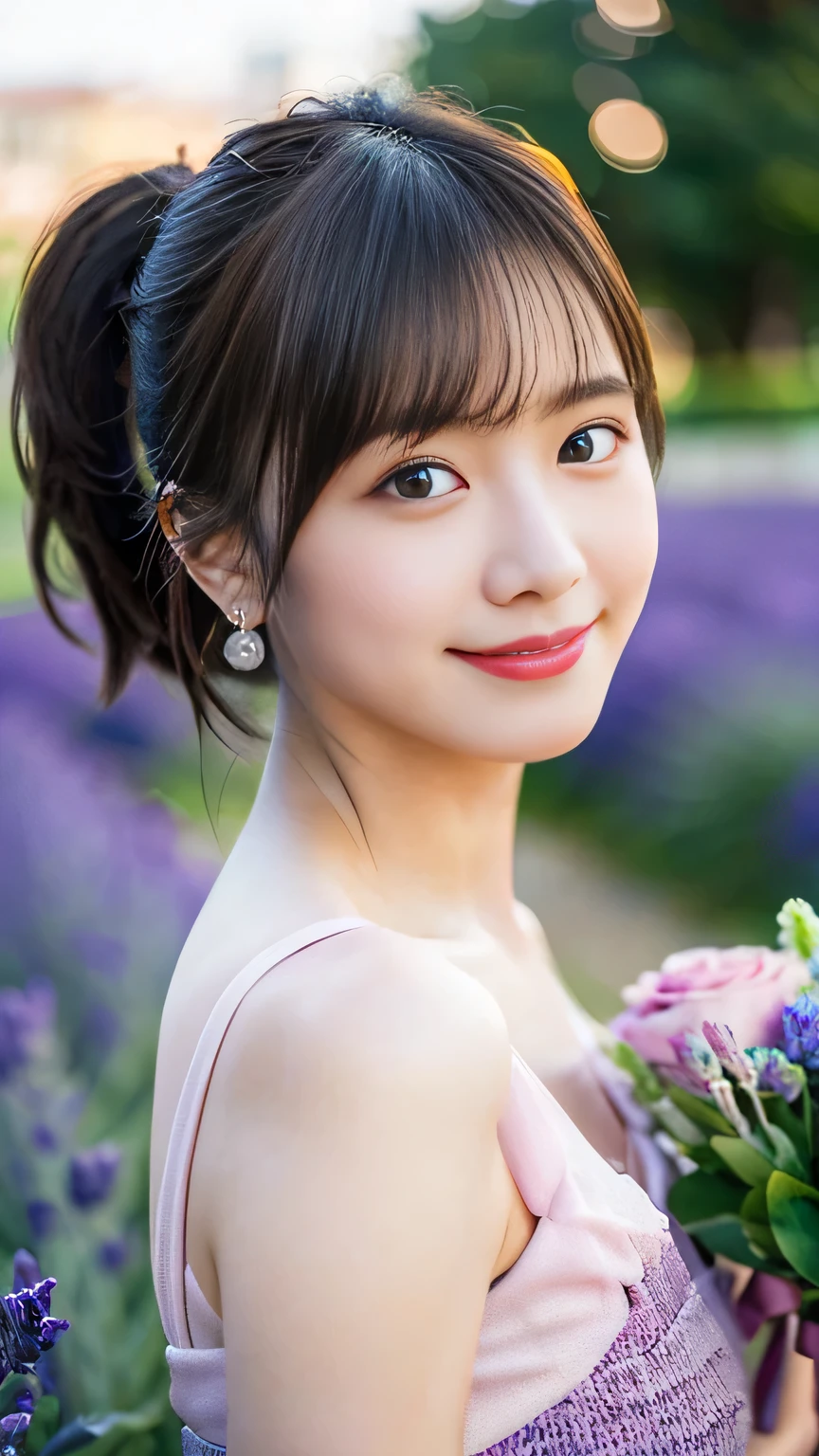 ((masterpiece,best quaLightingy 1.4)), (8k,RAW Photos:1.2), (Realistic,photo Realistic:1.4), Ultra-high resolution , (Highly detailed 8K wallpapers) ,Japanese Idols, Japanese actress, Japanese, very cute, Big eyes, Highly detailed eyes and face, Beautiful eyes in every detail,Glowing Skin,Portraiture,(ponytail :1.2),(smile:1.3) ,(Holding a bouquet:1.2),Lighting, Sharp focus, Written boundary depth , (Dynamic Angle:1.4 ). Blur the background, bokeh, (Pink Dress:1.2) ,( Lavender fields during the day.)