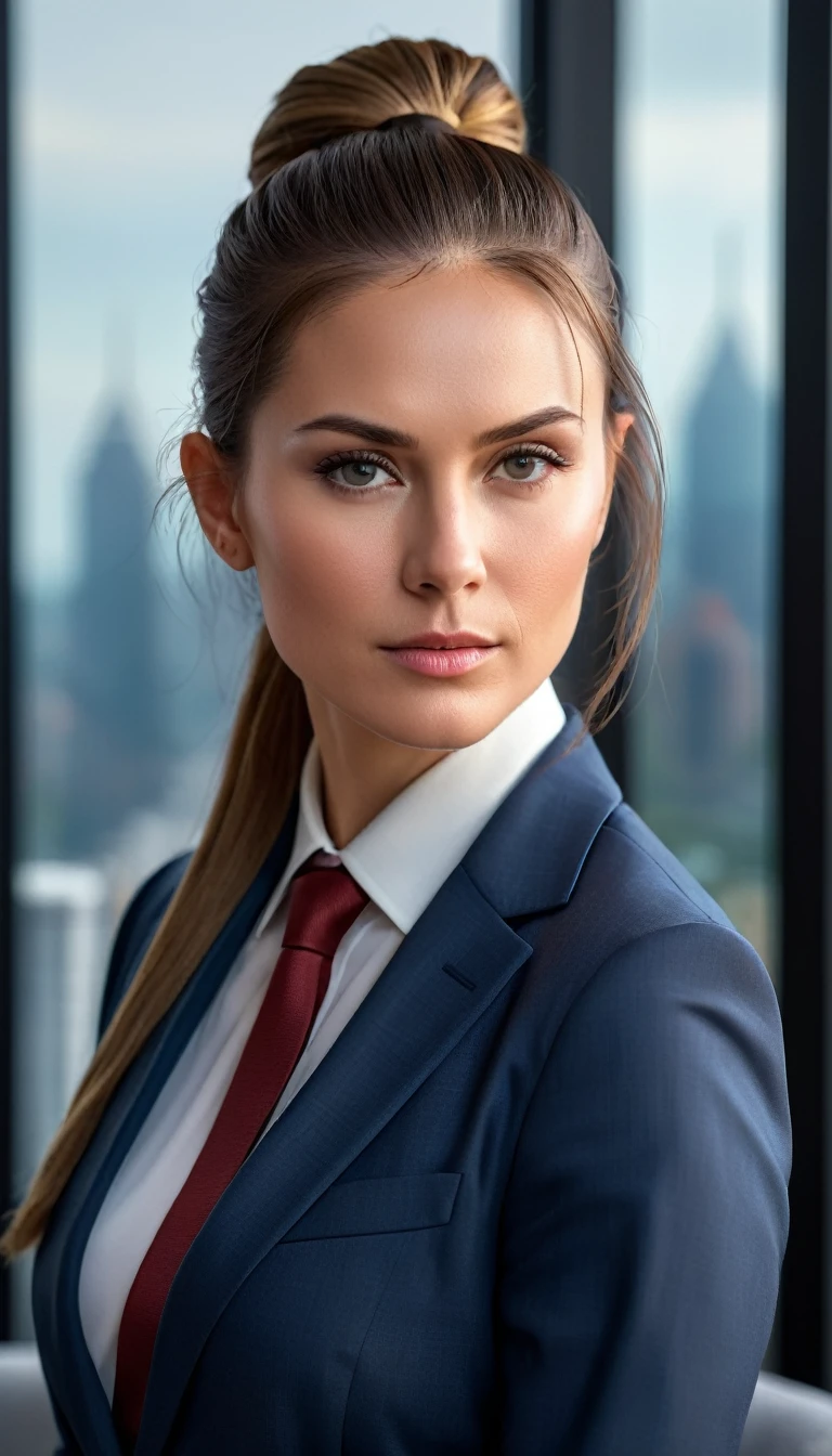 portrait, Beautiful, strong and confident woman, about 35 years, with sharp features, dressed, well-defined jaw, hair pulled tightly into a ponytail, realistic, ultra detailed, (Best quality,8 K,a high resolution,masterpiece:1.2),ultra detailed,(realistic,photorealistic,photo-realistic:1.37),dramatic lighting, dramatic pose, business suit, dangerous, attractive, realistically