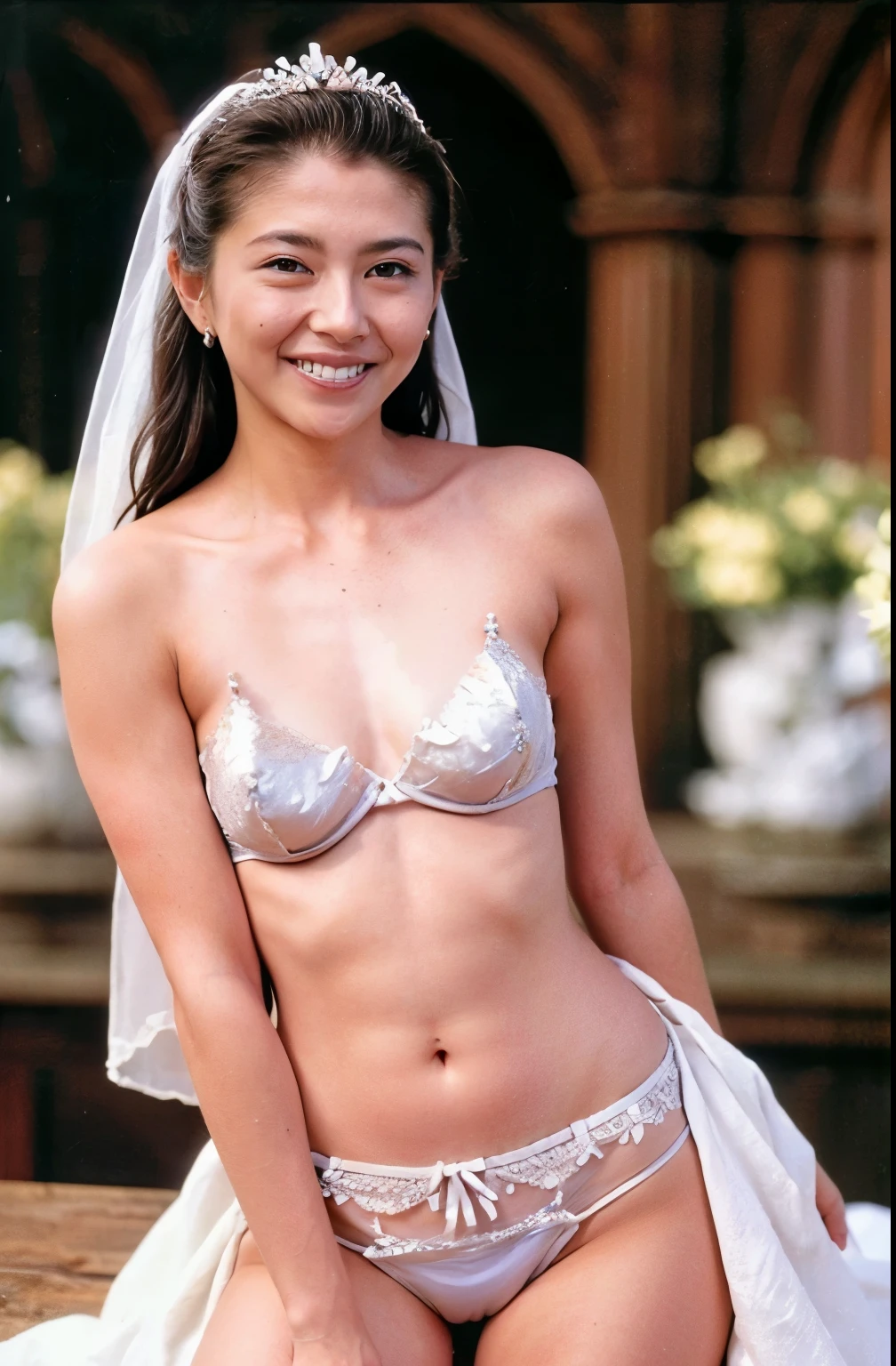 naked,Like the whole body," shape, Bride's outfit without shoulder straps,small silver tiara,huge ,sloppy and droopy breasts, Her heavy breasts are almost completely exposed ,Fully visible bust,Sheer princess skirt,Church wedding,There is a large crowd of participants behind you, Perfect body, (Highest quality, 4K, 8k, High resolution, Tabletop:1.2), Very detailed, (Realistic, Realistic, Photorealistic:1.37), Royal, Enchanting, (Vibrant colors, Sharp Chest:1.1), Soft lighting", Transparent dress. (((No underwear))), (((Small strings are scarce))). Deep cleavage. nakedの太もも. Fishnet bra. Navel exposed. Narrow waist. (((Many participants.)))