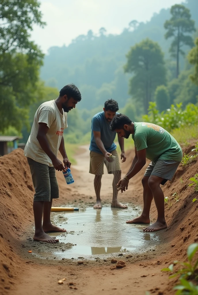 create 16:9 YouTube thumbnail unprofessional cement cricket pitch making, village style, 3people working on main pitch , one with bottle of water, another person sprinkling water, another person with cement , 16:9 YouTube thumbnail , with beautiful background colours