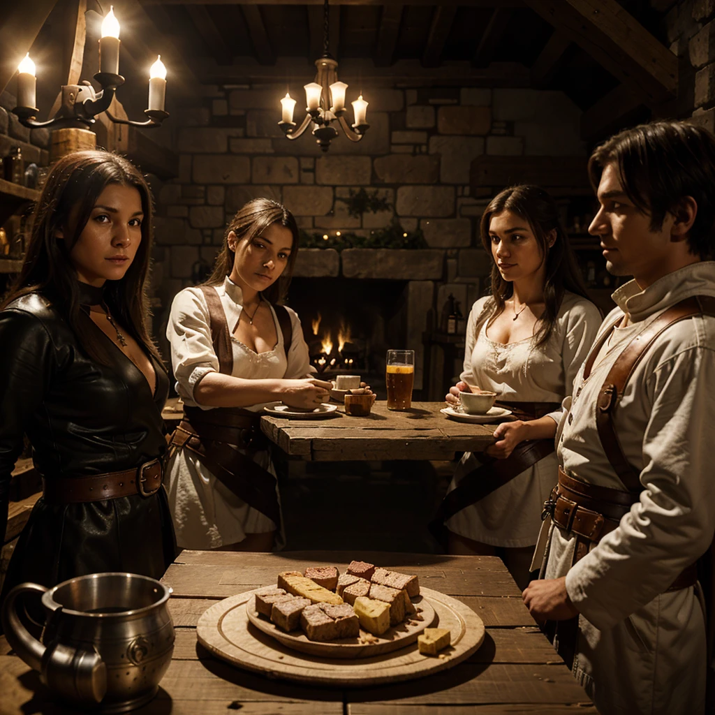 Inside a medieval tavern, illuminated by the dim light of torches and a crackling fire in the fireplace, Several Templars are gathered around a sturdy wooden table. The Templars wear their distinctive white cloaks with large red crosses on their chests., that clearly identify them. They wear long, tight-fitting white tunics., with leather belts securing sheathed swords at their sides. Some have their silver helmets resting on the table, showing their faces with serious and concentrated expression. They all wear metal crosses hanging from their necks., symbol of their order. The atmosphere is warm, with mugs of beer and plates of rustic food scattered around the table. In the background, Other travelers and peasants mingle in the darkness, creating an atmosphere of camaraderie and mystery in the heart of the tavern.