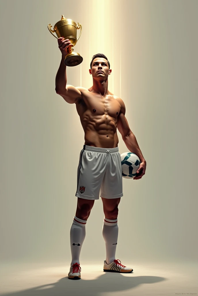 Cristiano Ronaldo holding football in is right hand near the hips and a trophy in his left hand lifting it up, glow behind his head 