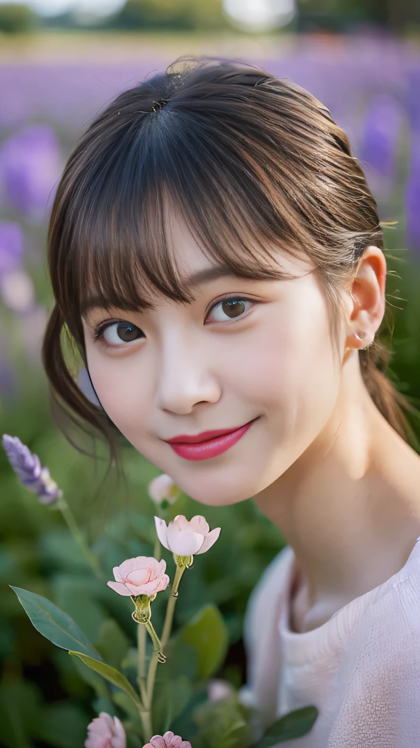 ((masterpiece,best quaLightingy 1.4)), (8k,RAW Photos:1.2), (Realistic,photo Realistic:1.4), Ultra-high resolution , (Highly detailed 8K wallpapers) ,Japanese Idols, Japanese actress, Japanese, very cute, Big eyes, Highly detailed eyes and face, Beautiful eyes in every detail,Glowing Skin,Portraiture,(ponytail :1.2),(smile:1.3) ,(Holding a bouquet:1.2),Lighting, Sharp focus, Written boundary depth , (Dynamic Angle:1.4 ). Blur the background, bokeh, (Pink Dress:1.2) ,( Lavender fields during the day.)