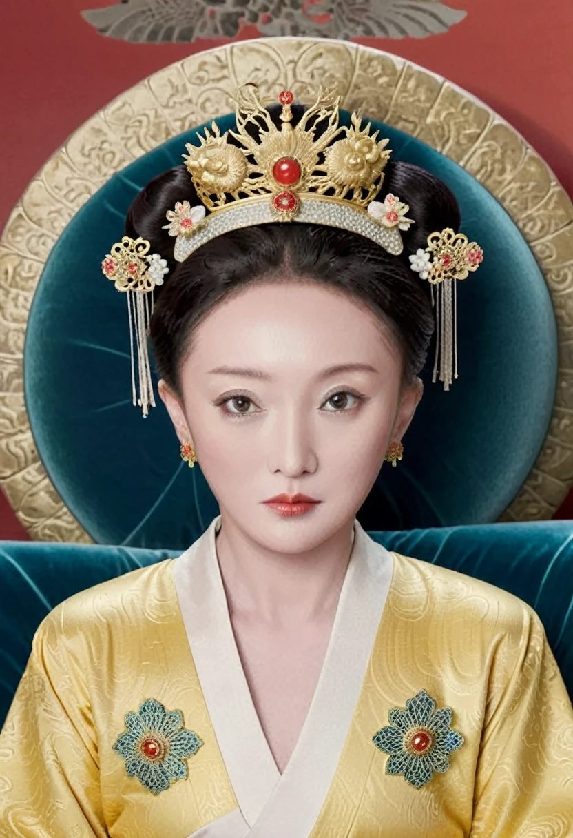 From the pre-Qing period, The Empress is naked on the gold sofa in the palace, Her eyes are wide open, Her legs were spread, big naked breasts. At the Chinese court during the Qing Dynasty, Empress of the Qing Dynasty, Empress of China, Wearing a large crown, Belly and thighs visible from below.。She is completely naked, Showing off gorgeous large flowers and hairpins, She tied her hair up and pulled it up, 背景はEmpress of the Qing Dynastyの豪華な宮殿.
