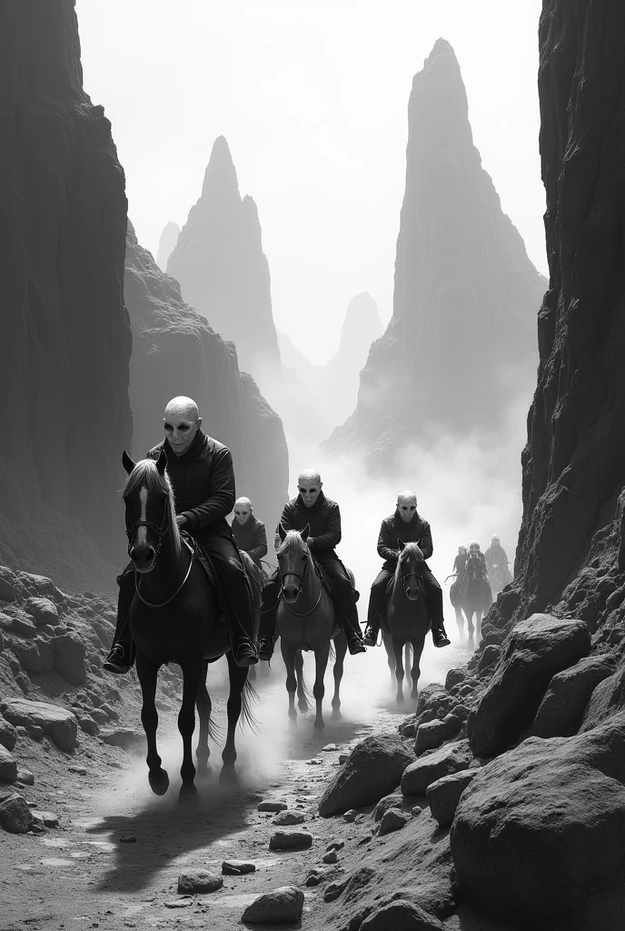 Black and white image of a group of cowboys on horseback through a mountain with distorted faces
