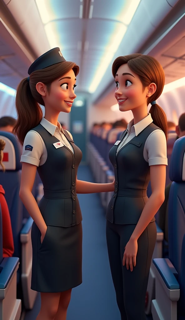 A flight attendant with brown hair talking to a passenger on an airplane checking the cabin, 3d , pixar style, cinematic, masterpiece, realistic