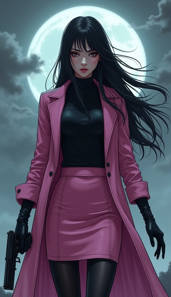 The one girl, long black hairs, yuri, Vampire Hunters.

The girl wear a pink long coat, black shirt, pink pencil skirt, black underpants, black tights, black gloves, white sneakers high top, holding a one pistol gun, shooting a gun.

black grey sky, fantastic night sky, moon, cartoon novel, 4K, HD